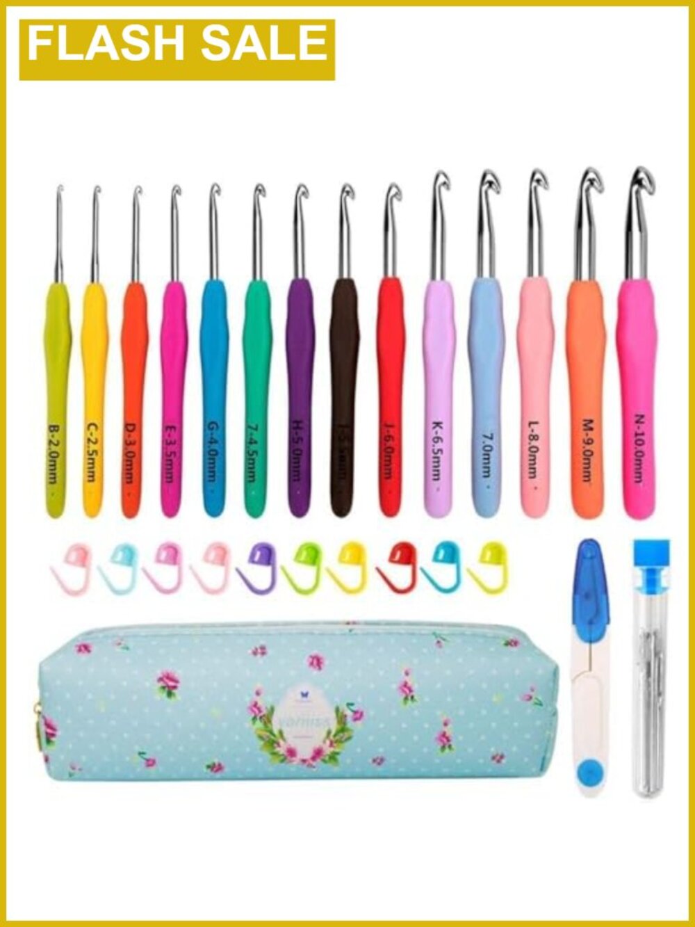 Ergonomic Crochet Hook Set 14 Sizes Aluminum Silicone Grip Starter Kit
